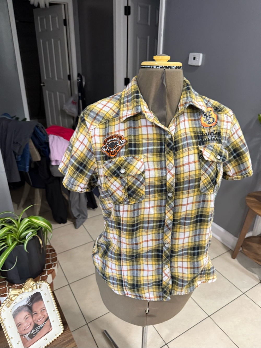 Harley-Davidson Yellow Black Plaid Short-Sleeve Button-Down Shirt